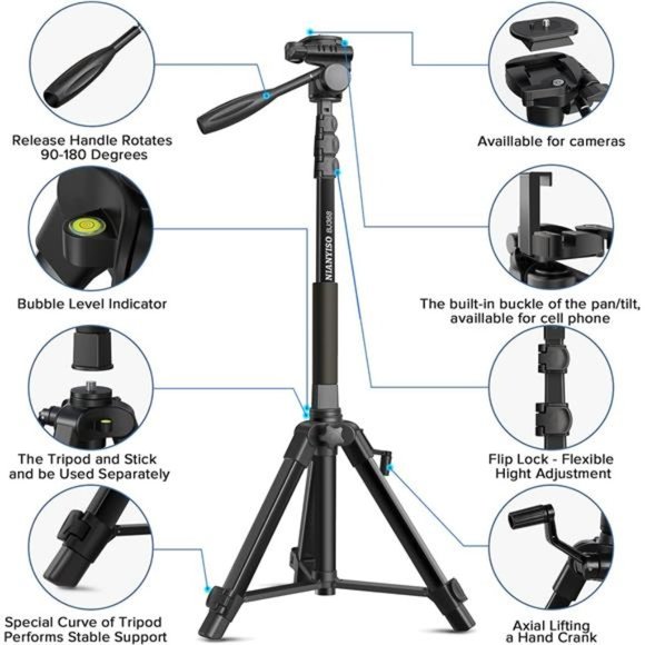 Camera Tripod 69 Inch, Patented 3-Way Swivel Portable Phone Tripod Professional - Picture 3 of 6